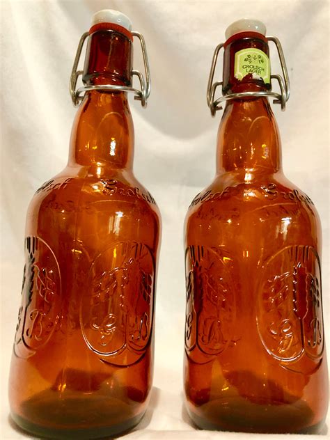 Vintage Grolisch Amber Brown Glass Beer Bottles With Porcelain Swing Top Lid Set Of Two
