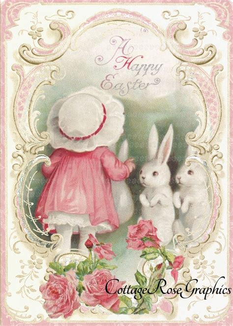 Vintage Happy Easter Bunnies Large Digital By Cottagerosegraphics