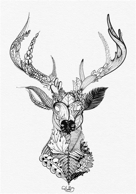 Overgrown Deer Print Illustration Antler Art Drawing Deer Tattoo