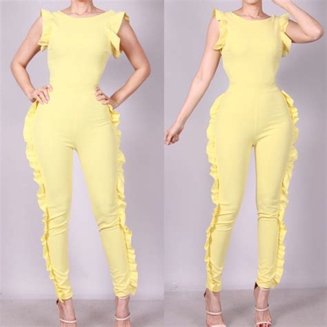 hot one piece jumpsuit yellow ruffled details fab fashion jumpsuit fashion