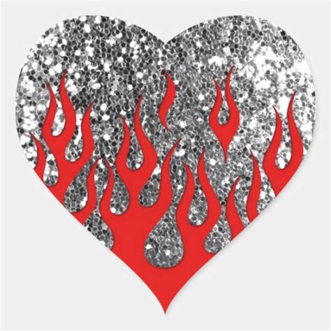 Red Hot Flames On Silver Glitter Look Heart Sticker Zazzle