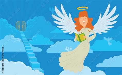 Vector Cartoon Image Of A Female Angel On A Background Of Heaven Angel