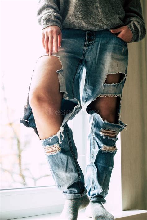 Torn Jeans On The Girl Stock Image Image Of Posing 148162887