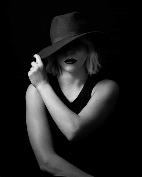 High Contrast Black And White Female Portrait Woman With Hat Face