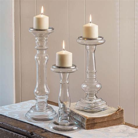 Set Of Three Glass Pillar Candle Holders In 2021 Glass Pillar Candle