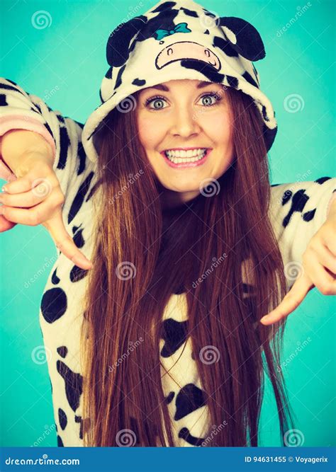 Happy Crazy Woman In Cow Costume Stock Image Image Of Pyjamas Smile