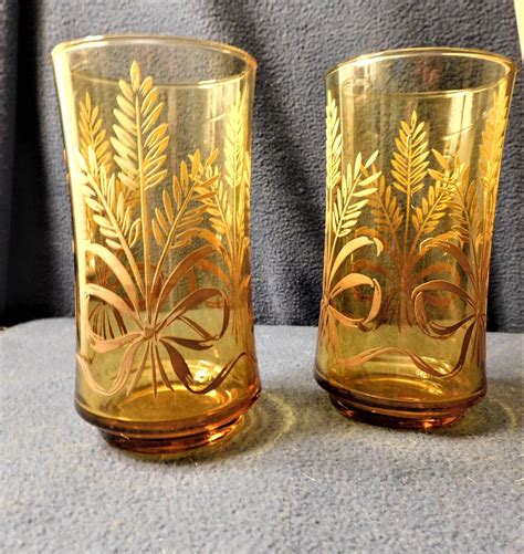 Vintage Libbey Glass Set Of 2 Tumb Amber Wheat Pattern Etsy