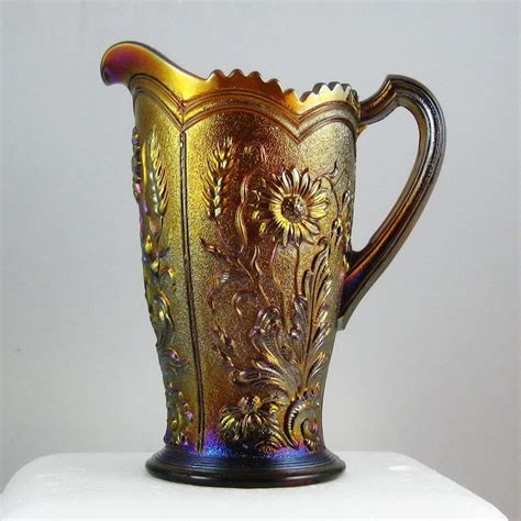 Antique Imperial Amber Fieldflower Carnival Glass Water Pitcher Carnival Glass Carnival