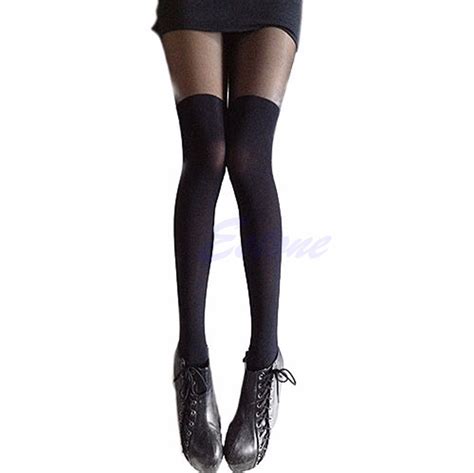 Women Sexy Black Stylish Tinted Sheer False High Stocking Pantyhose Slim Tights In Tights From