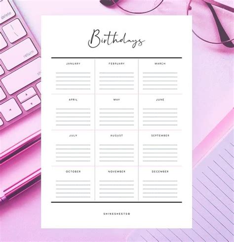 Free Birthdays List Printable Birthday List Birthday Organizer