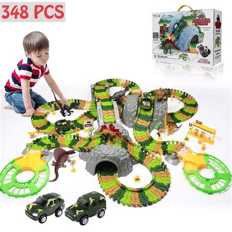 Dinosaur Race Track Toys 348 Pcs Flexible Tracks Playset Dinosaurs