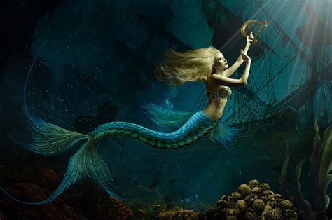 Mermaid And Skulls Fantasy Girl Mermaid Digital Siren Woman Art