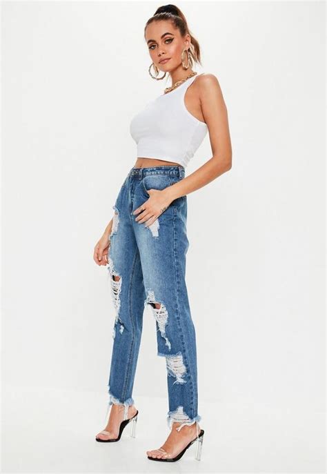 Blue Riot High Rise Ripped Denim Mom Jeans Missguided