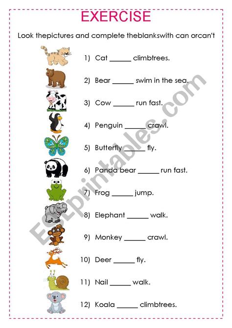 Can Or Can´t Animals Esl Worksheet By Marparise
