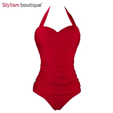 Classic Solid Red Swimsuit Summer Women Halter One Piece Bathing Suit Swimwear Bodycon Slimming