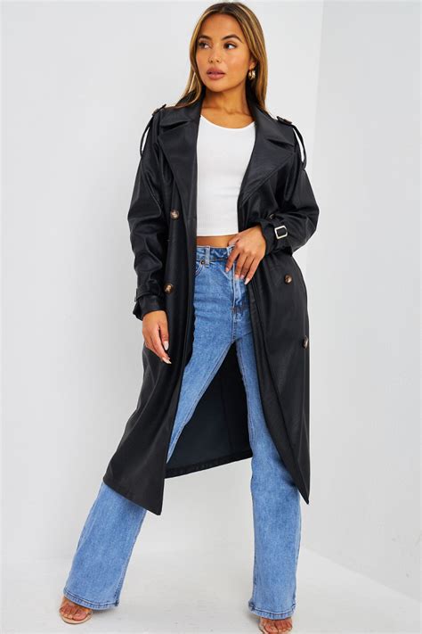 Faux Leather Trench Coat In Black Brentiny Paris