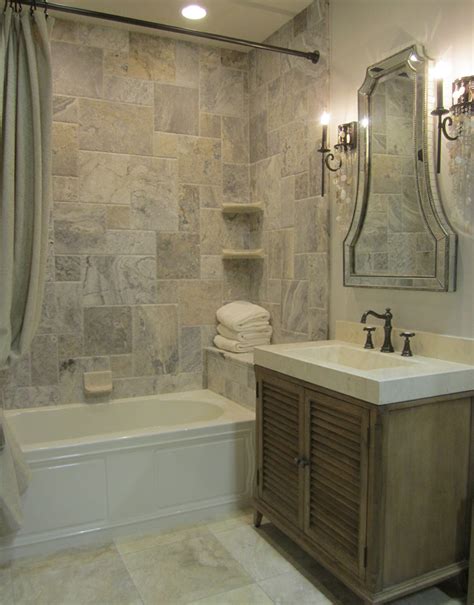 Silver Travertine Tile Shower Traditional Bathroom
