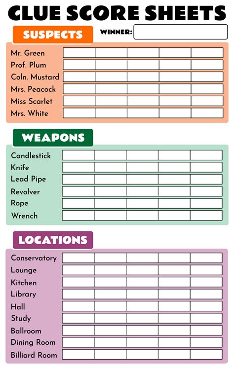 Board Game Clue Sheets 10 Free Pdf Printables Printablee