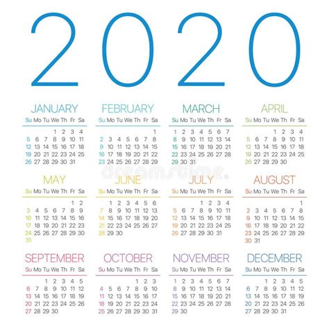2020 Calendar Thin Line Vector Template Graphic Illustration Sunday