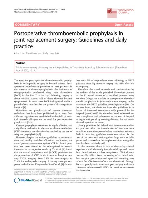 Pdf Postoperative Thromboembolic Prophylaxis In Joint Replacement