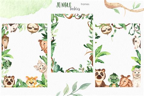 Watercolor Jungle Babies Animals Clipart Frames Cards