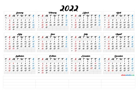 2022 Annual Calendar Printable 6 Templates