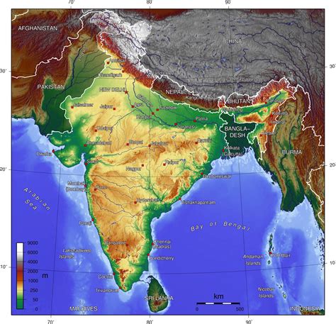 Detailed topographical map of India. India detailed ...