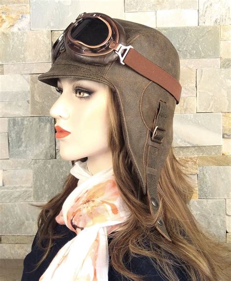 Womens Aviator Hat And Goggles Vintage Brown Leather Helmet In 2021