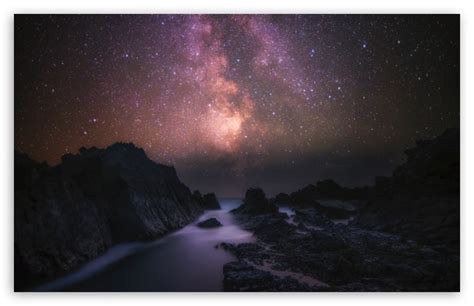 Sea Rocks Milky Way Galaxy Night Sky 4k Hd Desktop