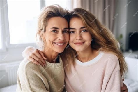Premium Ai Image Portrait Of Happy Mother And Teenage Girl Daughter Cuddling Hugging And