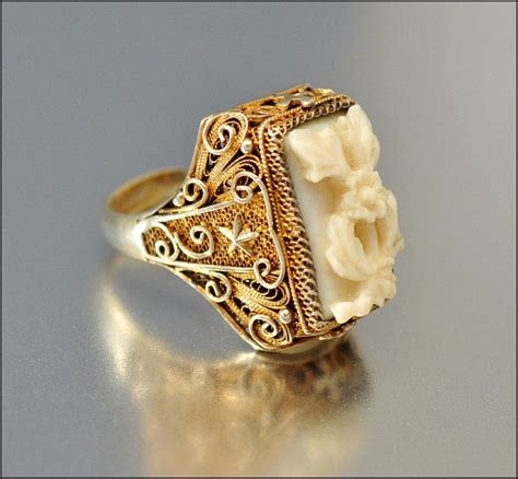 Art Deco Ring Silver Gold Chinese Ivory Carved Flower Star