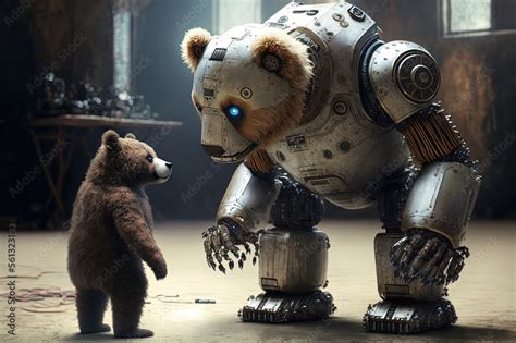 Futuristic Robot Bear And Real Bear Mechanical Robot Animal Versus