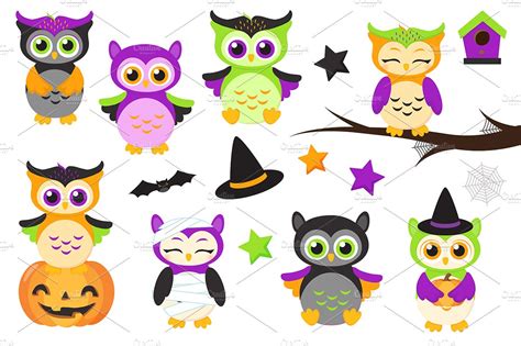 Cute Halloween Owls Clipart Custom Designed Illustrations ~ Creative