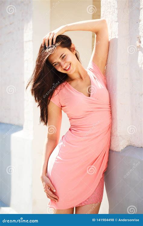 Beautiful Brunette Woman In Pink Dress Stock Photo Image Of Caucasian