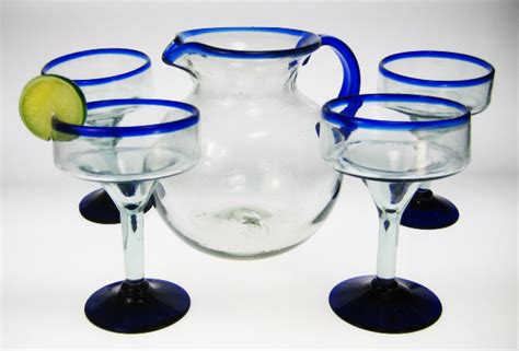Mexican Margarita Blue Rim Glasses With Pitcher Blue Rim Set Of 4