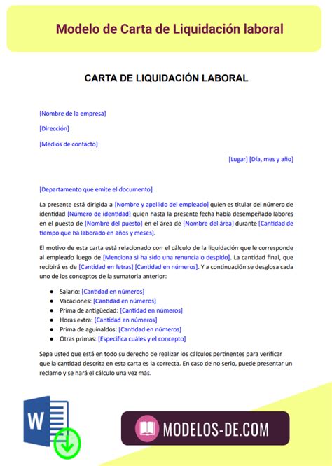 Modelo De Carta De Liquidación Laboral En Word Gratis