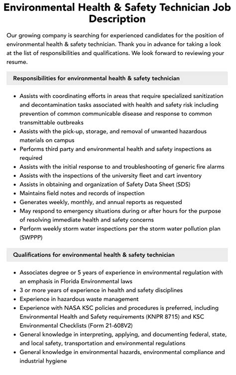 Environmental Health And Safety Technician Job Description Velvet Jobs
