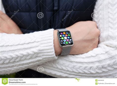 man hands smart touch watch with home screen icons apps stock image image of gadget people