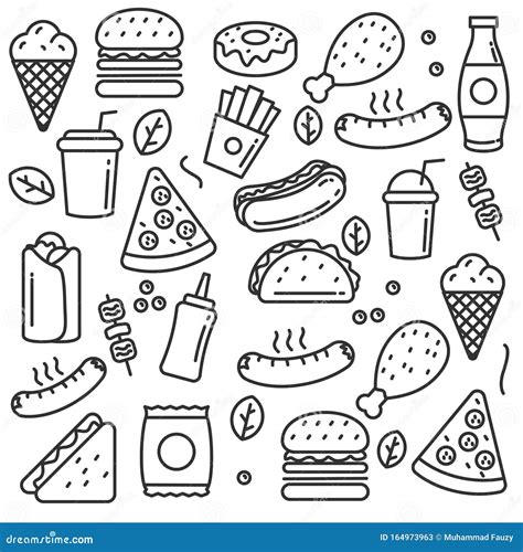 Set Of Fast Food Vector Illustration With Line Design Stock Vector