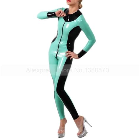 Female Latex Tights Bodysuit Sexy Colorblock Latex Catsuit With Front