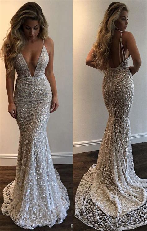 Sexy Lace Flowers Deep V Neck Mermaid Fitted Prom Evening Gown Spaghetti Straps Women Party