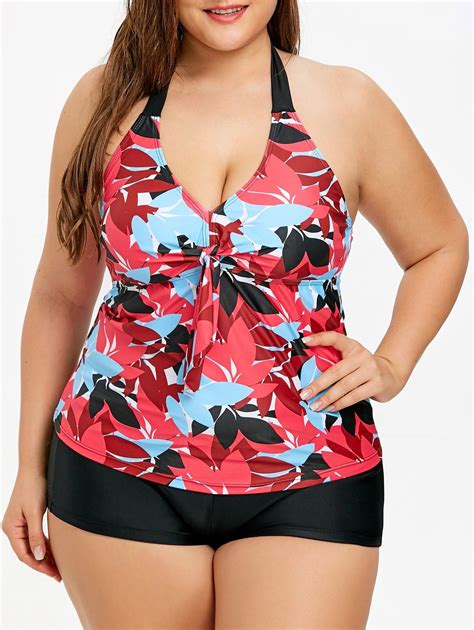 Off Printed Plus Size Halter Neck Tankini Set In Floral