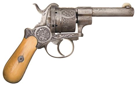 Engraved Belgian Double Action Pinfire Belt Revolver With
