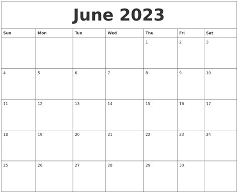 June 2023 Blank Monthly Calendar Template