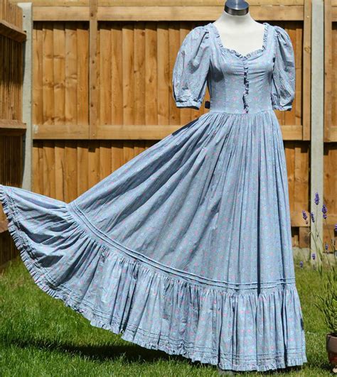 Vintage Laura Ashley Maxi Prairie Dress Cornflower Blue Floral Cotton