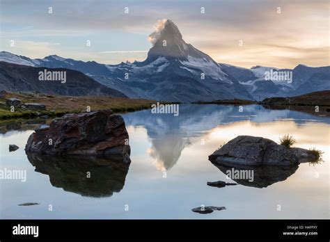 Matterhorn Reflection On Stellisee Lake Zermatt Switzerland Stock