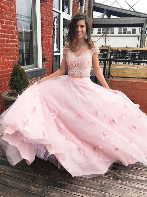 3d Floral Junior Off The Shoulder Prom Dress With Lace Two Piece Pink