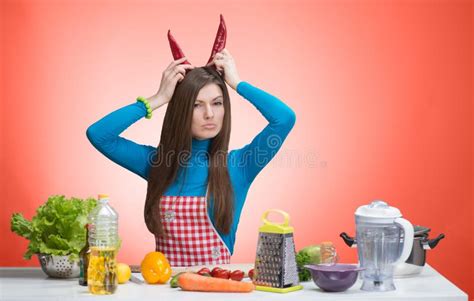 Funny Portrait Of An Angry Woman In The Kitchen Stock Image Image Of