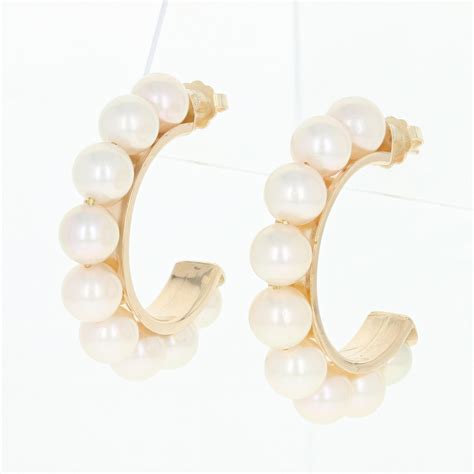 Cultured Pearl Half Hoop Earrings 14k Yellow Gold Pierced Etsy