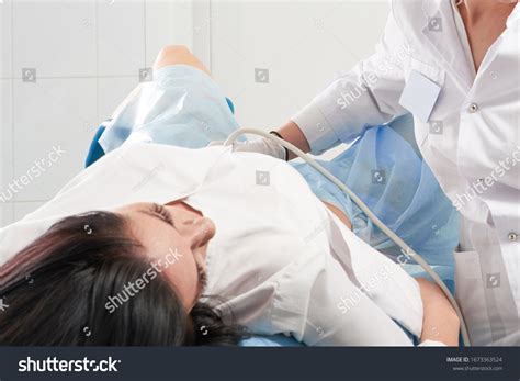 Gynecologist Doing Ultrasound Scanning Young Woman Stock Photo